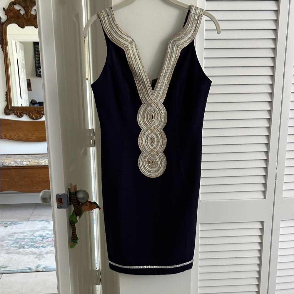 Sleeveless Navy Dress with Metallic Embellished V-Neck